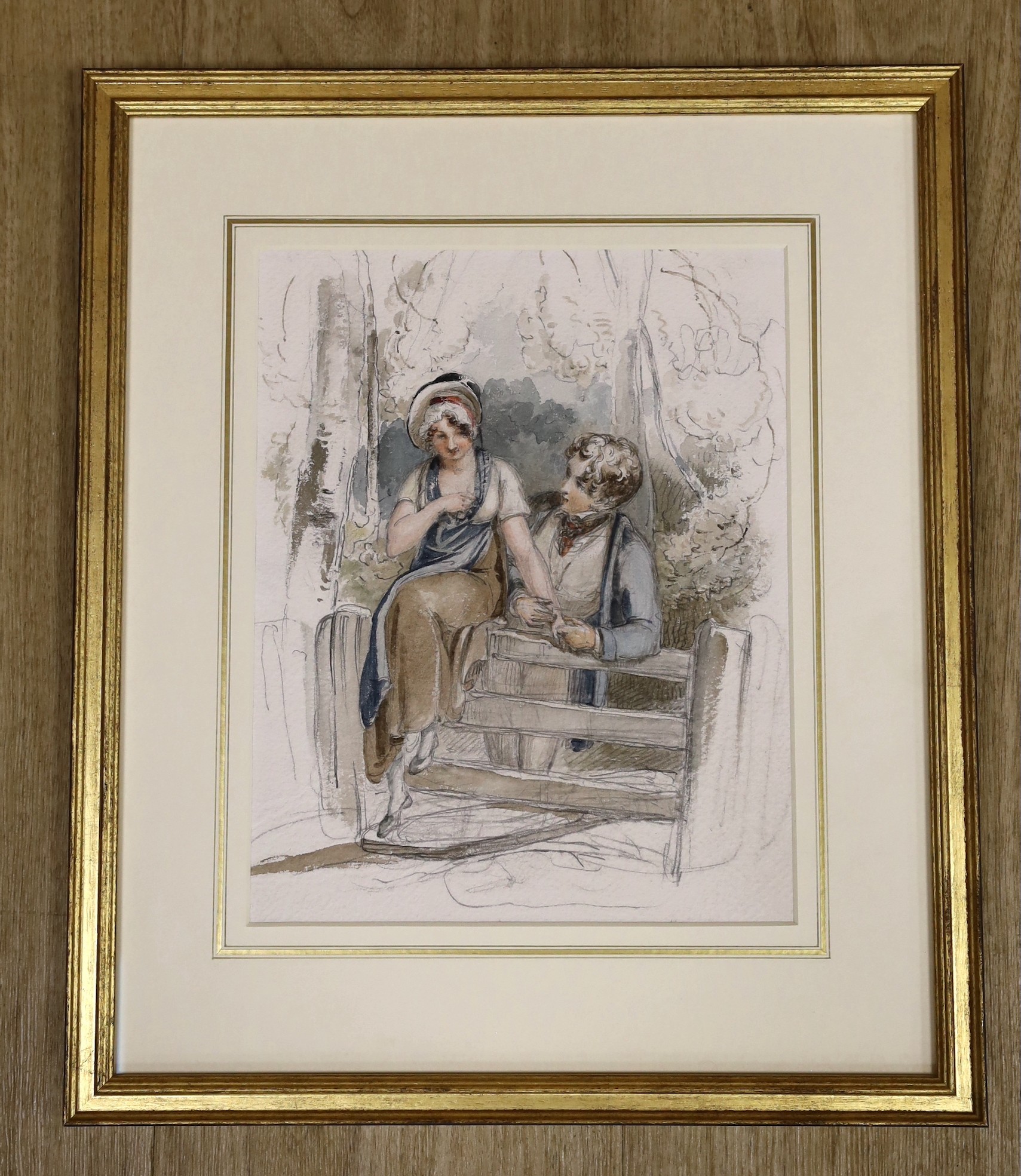 Thomas Uwins (1787-1857), pencil and watercolour, 'Young Love', signed, 26 x 20.6 cm, Provenance: Christies sale 11/3/2014, 26 x 21cm